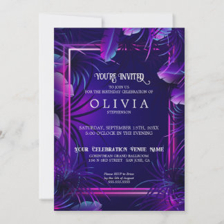 Geburtstag | Neon Lila Tropical Foliage Einladung