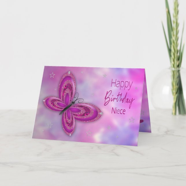 Geburtstag, Nichte, Pink Glitzy Butterfly Karte (Vorderseite)