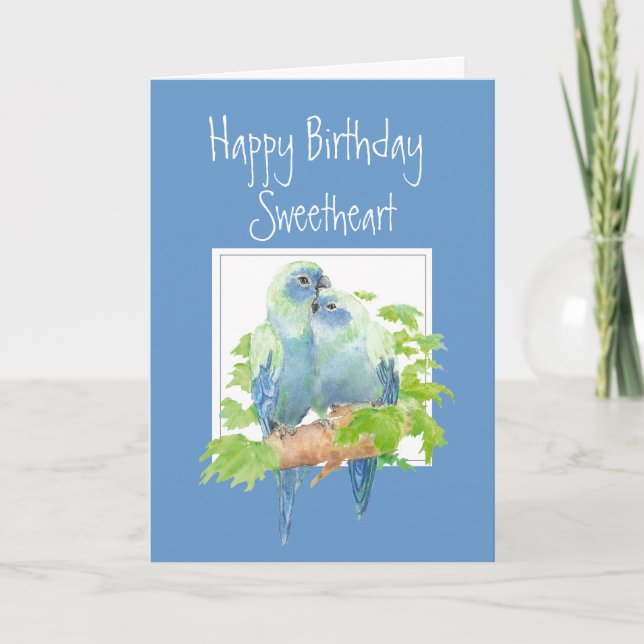 Geburtstag, Niedlich romantische Papageien, Vögel Karte (Vorderseite)