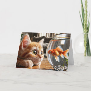 Geburtstag Orange Tabby Staring bei Goldfish Karte