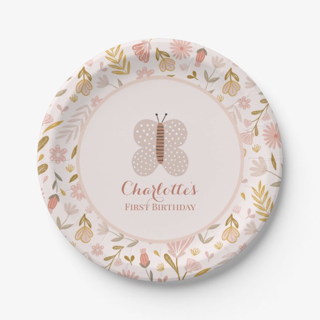 Geburtstag Pastell Pink Wildblumen mit Schmetterli Pappteller (Vorderseite)