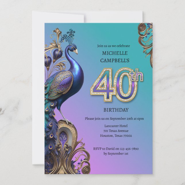 Geburtstag, Pfau Einladung (Vorderseite)