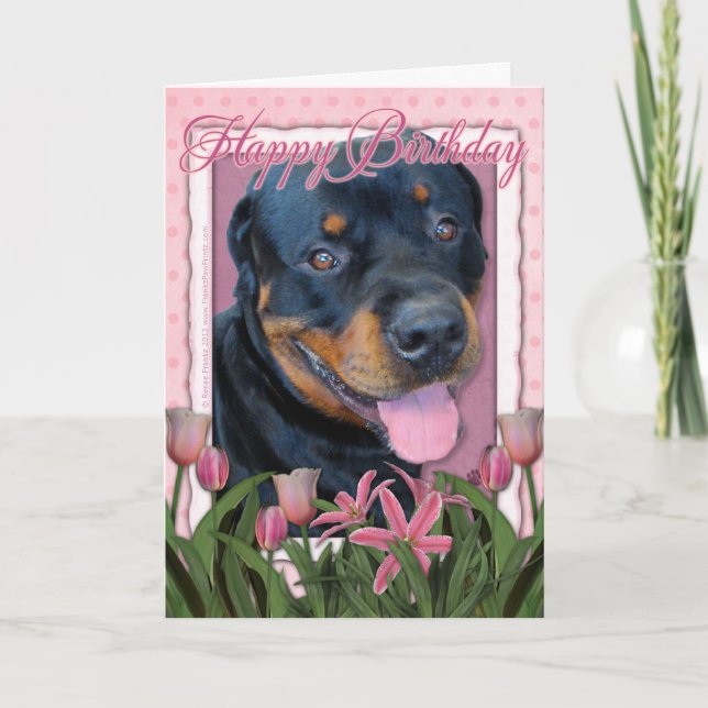 Geburtstag - rosa Tulpen - Rottweiler - Harley Karte (Vorderseite)