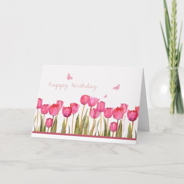 Geburtstag, rosa Tulpen und Schmetterlinge Karte (Vorderseite)