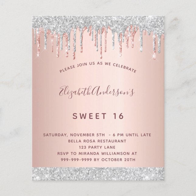 Geburtstag Rose Gold Silber Glitzer Einladung (Vorderseite)