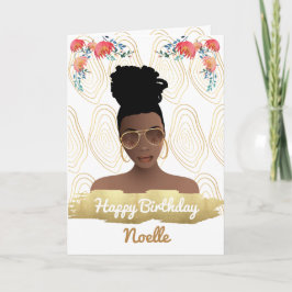 Geburtstag, Schwarze Frau, Whimsikische Blume Gold Karte