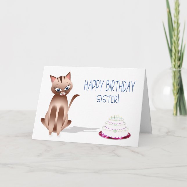 GEBURTSTAG - Schwester - Katze - Kuchen Karte (Vorderseite)