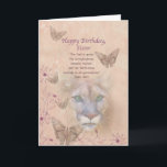 Geburtstag, Schwester, Puma und Schmetterlinge Karte<br><div class="desc">Die stabilen grünen Augen eines Pumas starrt aus einem Hintergrund des gedämpften Pfirsiches und des Rosas heraus an. Schmetterlinge und Blumen verzieren den Rand des Bildes. Mit den Hauptteilen des Bildes verblaßte in den Hintergrund, ist die Gesamterscheinung weich und träumerisch, die im Gegensatz zu der Wildheit der großen Katze ist....</div>