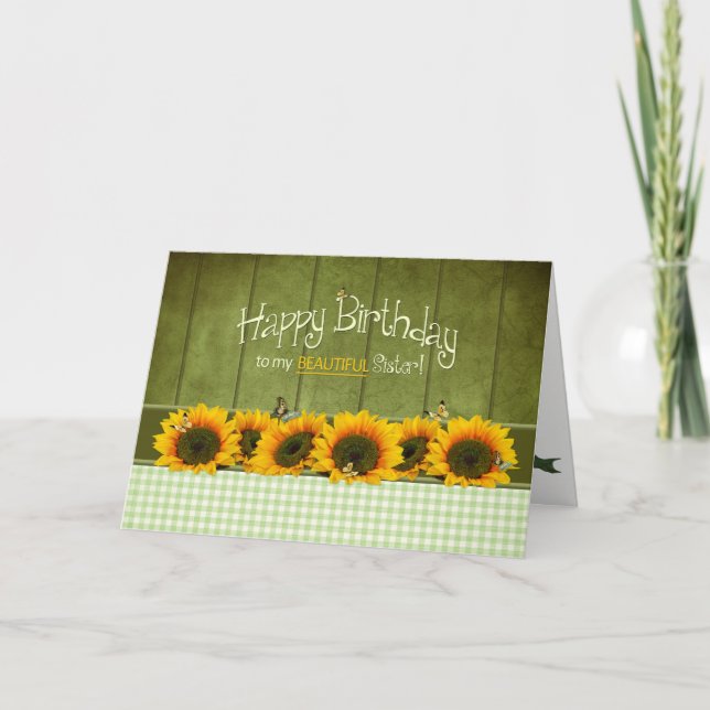 Geburtstag - Schwester - Sonnenblumen und Schmette Karte (Vorderseite)