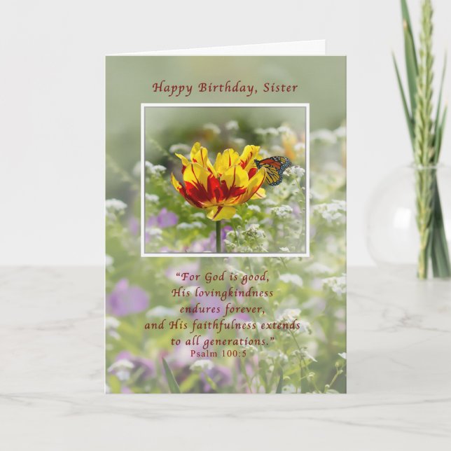 Geburtstag, Schwester, Tulip und Schmetterling, Re Karte (Vorderseite)