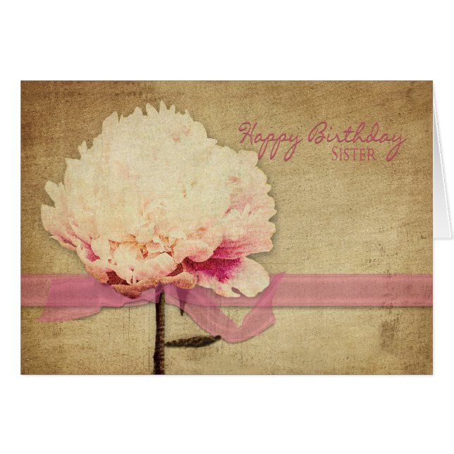 Geburtstag - Schwester - Vintage Peongs, Blume (Vorderseite (Horizontal))