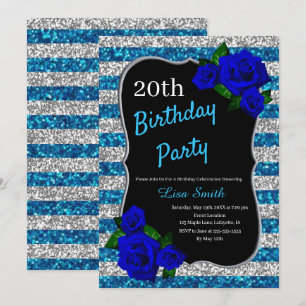 Geburtstag Silver Strip Glitzer Deep Blue Rose Einladung