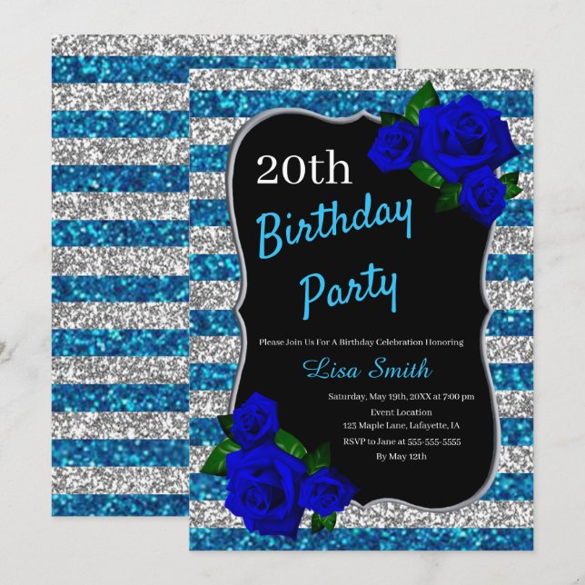Geburtstag Silver Strip Glitzer Deep Blue Rose Einladung (Vorne/Hinten)