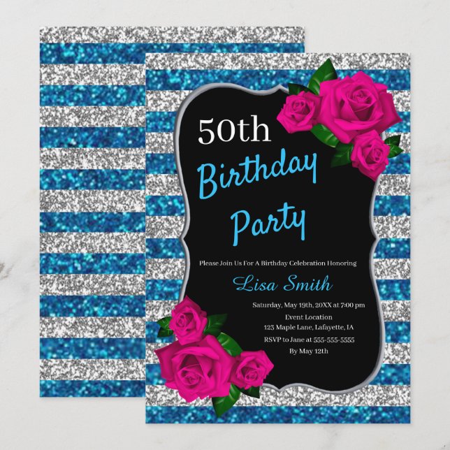 Geburtstag Silver Stripes Glitzer Roses Einladung (Vorne/Hinten)