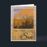 Geburtstag, Special Son, Sunkissed Winter Bäume. Karte<br><div class="desc">Herzlich willkommen zum Geburtstag Special Son mit Bäumen im Winter rund um einen See,  der gegen orangefarbenes Sonnenlicht reflektiert. Im Text heißt es: (Draußen)Glücklich Geburtstag zu einem ganz besonderen Sohn(Inside) Sie verdienen heute jedes Glück.</div>