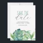 Geburtstag Speichern Sie das Tropische Thema Datum Save The Date<br><div class="desc">Diese Geburtstagskarten speichern die Dattelkarten mit einem unteren Rand von üppigen tropischen Palmen-Blätter. Die Worte "Save the Date" sind in Holzkohle grau auf einem knusprigen weißen Hintergrund. Verwenden Sie die Vorlagenfelder, um Ihnen benutzerdefinierte Details hinzuzufügen. Die Karte kehrt zu einer passenden türkisblauen Farbe zurück. Kann für einen süßen 16, 40,...</div>