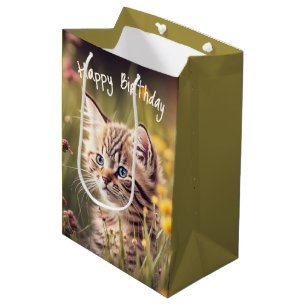 Geburtstag Tabby Kitten in Wildblumen Mittlere Geschenktüte