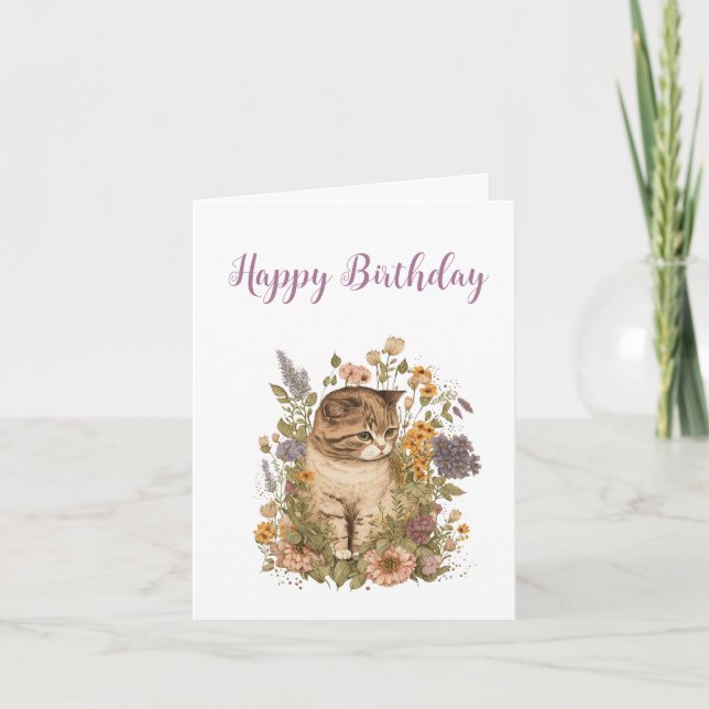 Geburtstag. Tabby Kitten mit Blume. Dankeskarte (Vorderseite)