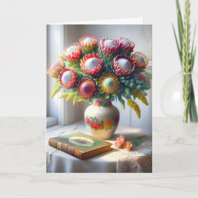 Geburtstag Vintag Pincushion Protea Bouquet Karte (Vorderseite)