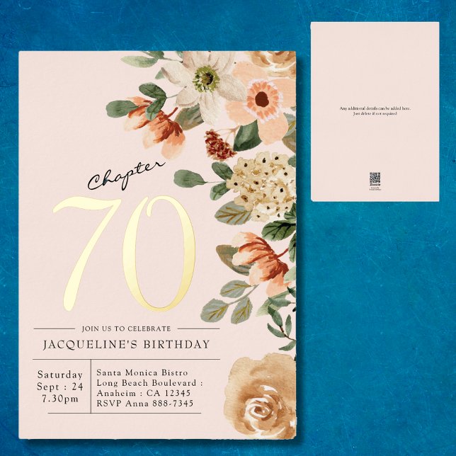 Geburtstag Vintages Blumengold Folieneinladung (Unique 70th birthday peach blush pink floral gold foil invitation. )