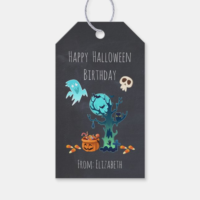 Geburtstag zu Halloween mit Gespenstern Fledermäus Geschenkanhänger (Vorderseite)