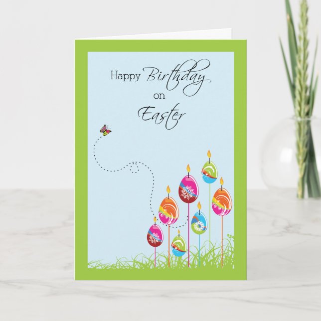 Geburtstag zu Ostern mit Eiern und Kerzen Karte (Vorderseite)