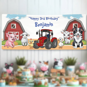 Geburtstags-Bauernhof-Tier-Scheune-und-Rot-Traktor Banner
