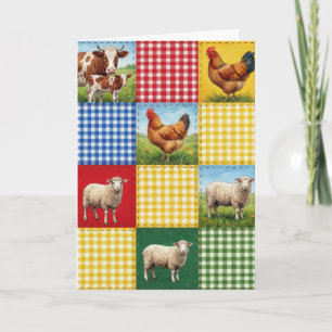 Geburtstags-Bauernhoftiere und Gingham-Patchwork-Q Karte