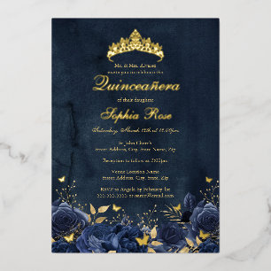 Geburtstags-Blumen-Schmetterlings-Diadem Navy Quin Folieneinladung