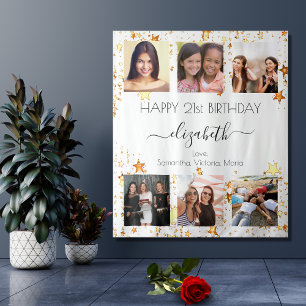 Geburtstags-Foto-Collage Weißgold beste Freunde Wandteppich