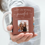 Geburtstags-Foto-Freunde benennen Braunkohle Kaffeetasse<br><div class="desc">Ein Geschenk von Freunden für den 21. Geburtstag einer Frau, die ihr Leben mit 3 Fotos von ihr, ihren Freunden, ihrer Familie, ihrem Interesse oder ihren Haustieren feiert. Personalisieren und fügen Sie ihren Namen, Alter 21 und Ihre Namen. Ein brauner, erdfarbener Hintergrund. Ihr Name ist mit einem modernen handgeschriebenen Stilskript...</div>