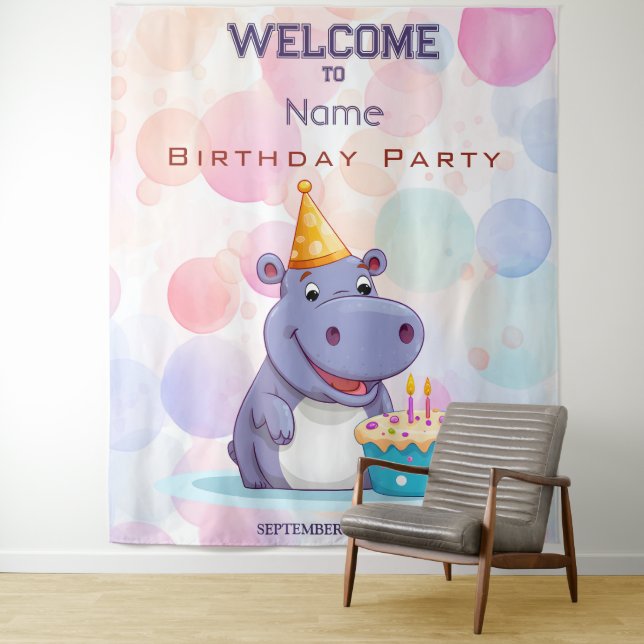 Geburtstags-Hippo-Party Hintergrund Wandteppich (Beispiel)