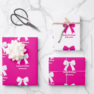 Geburtstags-Hot-Pink-Bow-Weißes-Mädchen Geschenkpapier Set