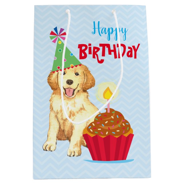Geburtstags-Kuchen-golden retriever Mittlere Geschenktüte (Vorderseite)