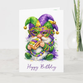 Geburtstags-Mardi-Gras-Gnom isst King Cake Karte