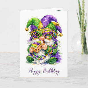 Geburtstags-Mardi-Gras-Gnom isst King Cake Karte