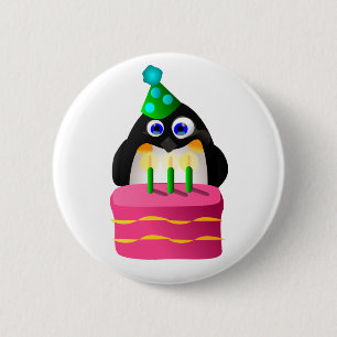 Geburtstags-Pinguin mit Kuchen Button