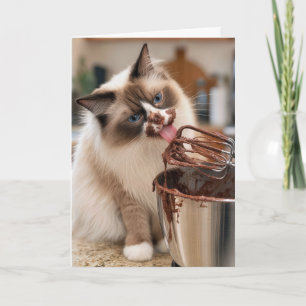 Geburtstags-Ragdoll-Katze leckt Mixer-Schlagbesen Karte