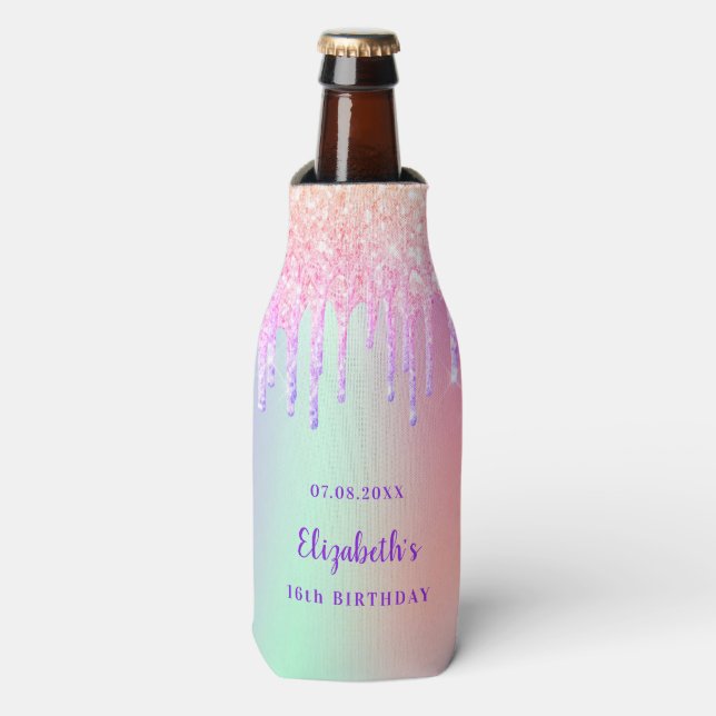 Geburtstags rosa lila Tropfen holografisch Flaschenkühler (Flaschenvorderseite)