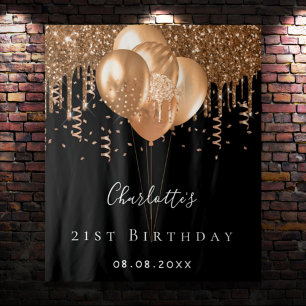 Geburtstags schwarze Gold Glitter Ballons Monogram Wandteppich
