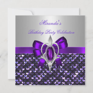 Geburtstags-Silber-Sequins Lila Diamant-Schleife Einladung