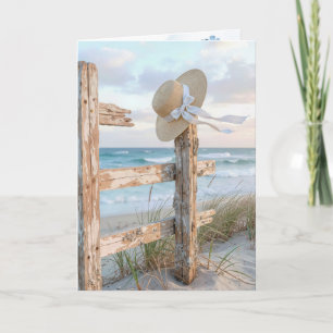Geburtstags-Sonnenhut auf einem Strandzaun Karte