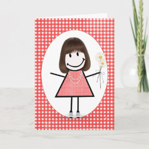 Geburtstags-Stickfigure Mädchen auf rotem Gingham  Karte