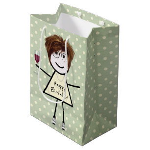 Geburtstags-Strichfigur-Mädchen auf Polka-Punkten Mittlere Geschenktüte