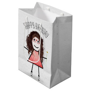 Geburtstags-Strichfigur-Mädchen mit Daisy Mittlere Geschenktüte