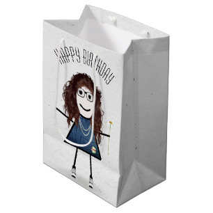 Geburtstags-Strichfigur-Mädchen mit Daisy Mittlere Geschenktüte