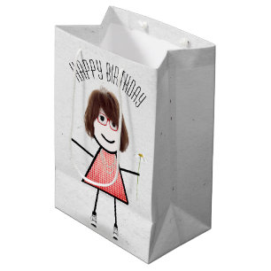 Geburtstags-Strichfigur-Mädchen mit Daisy Mittlere Geschenktüte