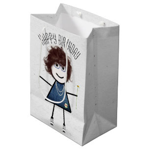 Geburtstags-Strichfigur-Mädchen mit Daisy Mittlere Geschenktüte