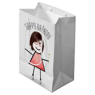 Geburtstags-Strichfigur-Mädchen mit Daisy Mittlere Geschenktüte