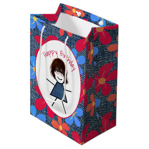 Geburtstags-Strichfigur-Mädchen und Daisies auf bl Mittlere Geschenktüte